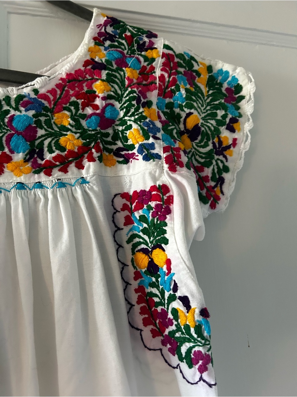 Gorgeous vintage cotton Mexican maxi dress with vibrant floral embroidery